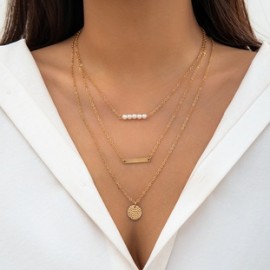 Estilo Simple Ronda Rectángulo Perla De Imitación Aleación Cobre Cadena Mujeres Collares En Capas