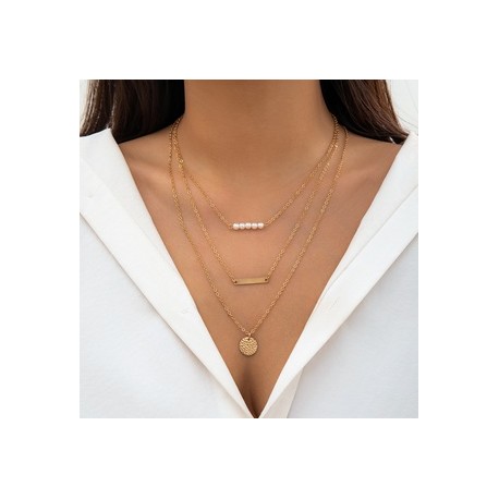 Estilo Simple Ronda Rectángulo Perla De Imitación Aleación Cobre Cadena Mujeres Collares En Capas