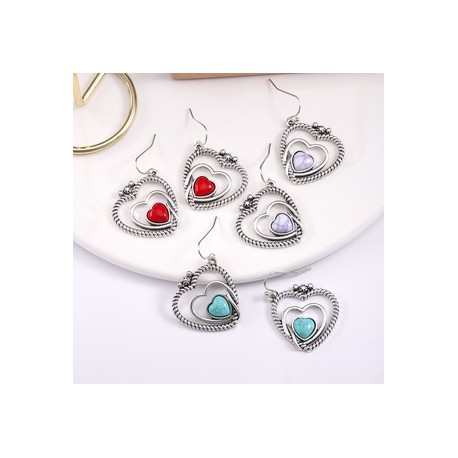 1 Par Elegante Estilo Vintage Forma De Corazón Embutido Aleación Piedra Natural Pendientes De Gota