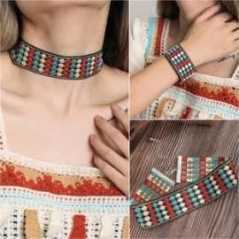 Retro Estilo Étnico Rombo Poliéster Metal Bordado Hecho A Mano Mujeres Pulsera Collar