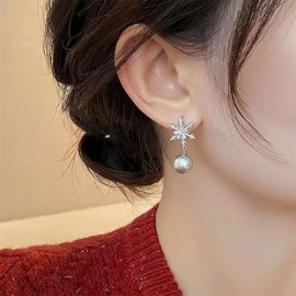 1 Par Estilo IG Estilo Vintage Copo De Nieve Enchapado Embutido Aleación Diamantes De Imitación Perla Plateado Pendientes De Go