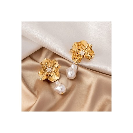 1 Par Elegante Retro Estilo francés Flor Enchapado Embutido Aleación Perla Chapado En Oro Pendientes De Gota