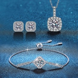 Elegante Glamour Cuadrado Plata Esterlina Embutido Circón Mujeres Conjunto De Joyas