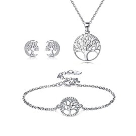 Elegante Árbol Plata Esterlina Enchapado Mujeres Pulsera Aretes Collar