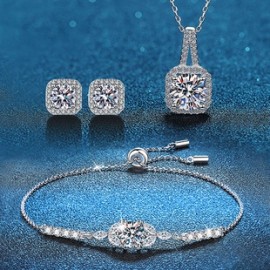 Elegante Estilo Clásico Cuadrado Plata Esterlina Embutido Circón Mujeres Conjunto De Joyas