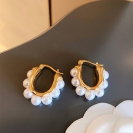 1 Par Estilo Simple Ronda Enchapado Embutido Aleación Cobre Perlas Artificiales Chapado En Oro Aretes