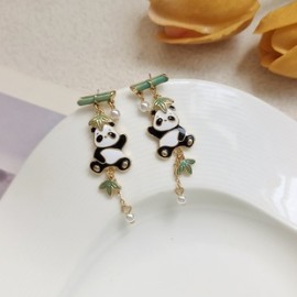 1 Par Estilo IG Lindo Panda Esmalte Perla Enchapado Aleación Metal Pendientes De Gota