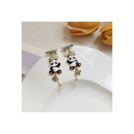 1 Par Estilo IG Lindo Panda Esmalte Perla Enchapado Aleación Metal Pendientes De Gota