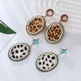 1 Par Estilo Vintage Estilo Simple Oval Leopardo Enchapado Embutido Cuero Sintético Aleación Turquesa Diamantes De Imitación Pl