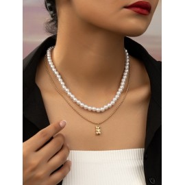 Elegante Oso Ferroaleaciones Con Cuentas Enchapado Chapado En Oro Mujeres Collares de Doble Capa