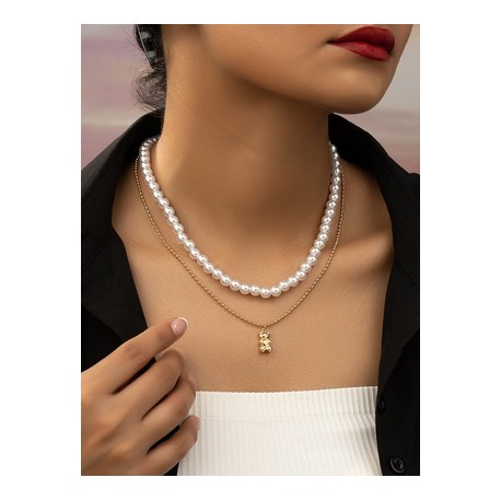 Elegante Oso Ferroaleaciones Con Cuentas Enchapado Chapado En Oro Mujeres Collares de Doble Capa