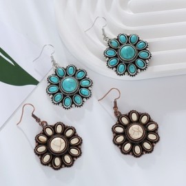 1 Par Estilo Vintage Estilo Simple Flor Enchapado Embutido Aleación Turquesa Chapado en bronce Plateado Pendientes De Gota