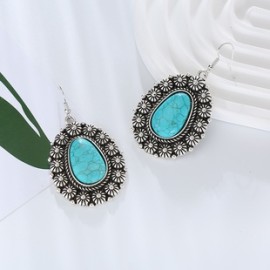 1 Par Estilo Vintage Estilo Simple Oval Flor Enchapado Embutido Aleación Turquesa Plateado Pendientes De Gota