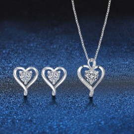 Elegante Lujoso Forma De Corazón Plata Esterlina Embutido Circón Mujeres Aretes Collar