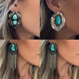 1 Par Retro Bohemio Flor Embutido Aleación Turquesa Pendientes