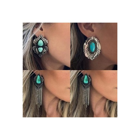 1 Par Retro Bohemio Flor Embutido Aleación Turquesa Pendientes